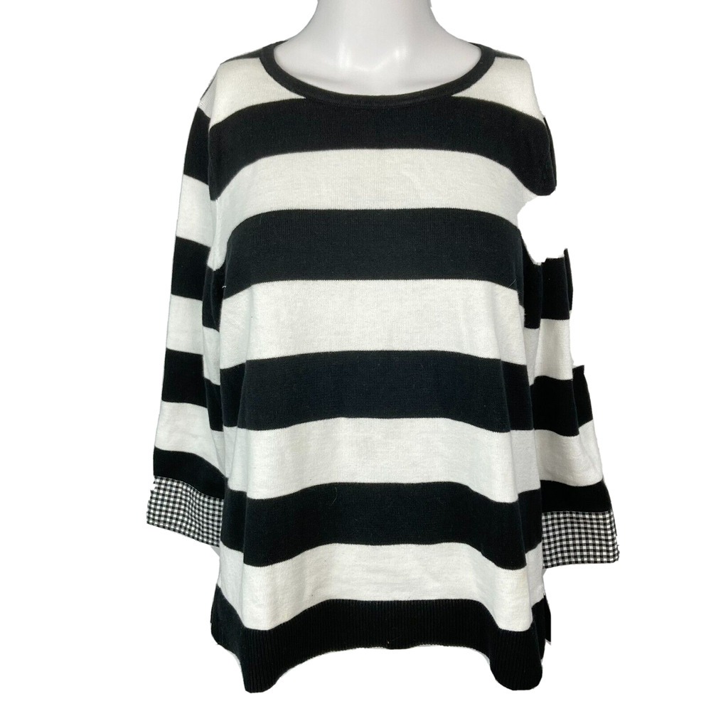 Talbots Sweater Womens MP Petite Black White Striped Knit Pullover Buffalo Cuff
